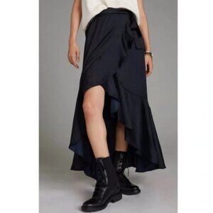 Maeve Ruffle Wrap Midi Skirt Black Blue Contrast Lining Whimsical Goth Small